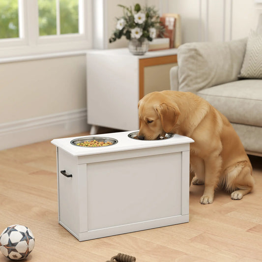Large Elevated Pet Feeder, 2 Stainless Steel Bowls, White Dog Bowls White at Gallery Canada