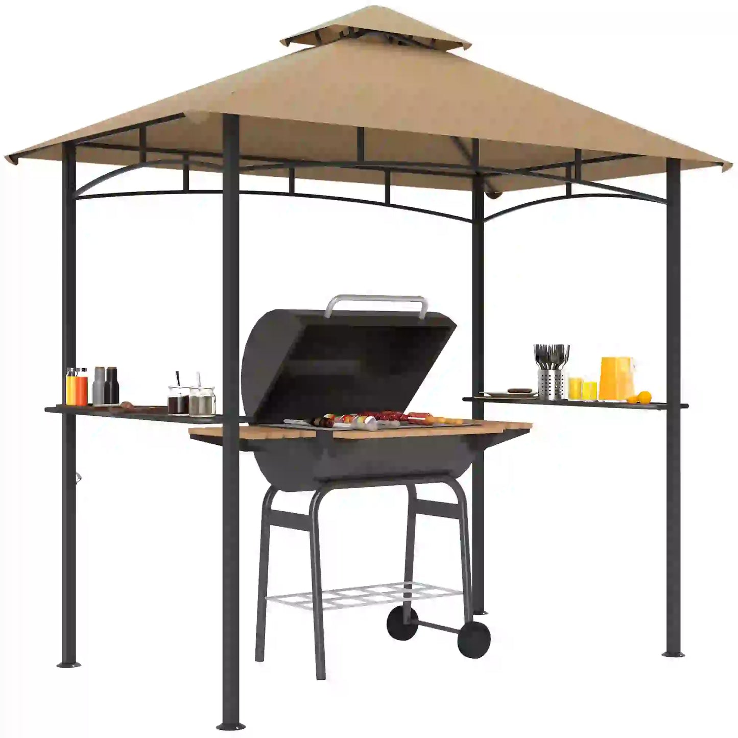8' x 5' BBQ Grill Gazebo Tent, Double Tiered Canopy, Outdoor Sun Shade, Khaki BBQ Grill Gazebos at Gallery Canada