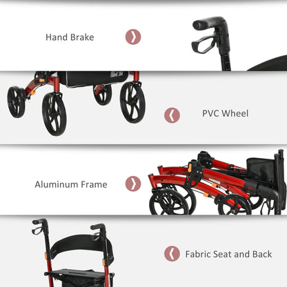 Aluminum Rollator Walker for Seniors and Adults with 10'' Wheels, Seat and Backrest, Folding Rolling Walker with Adjustable Handle Height and Removable Storage Bag, Red at Gallery Canada