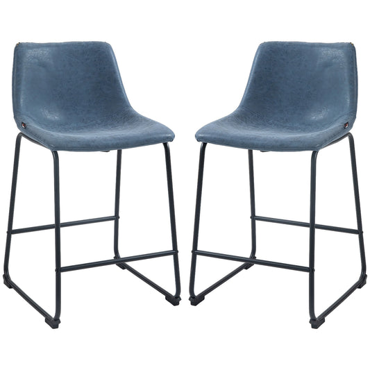 Counter Height Bar Stools Set of 2, Vintage PU Leather Bar Chairs, Kitchen Stools w/ Footrest for Home Bar, Blue - Gallery Canada