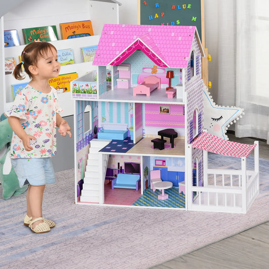 2.9ft Kids Wooden Dollhouse with Furniture, Pink Play Houses Pink at Gallery Canada