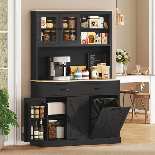 69 Inch Pantry Cabinet with Charging Station, Microwave Stand, Tilt-Out Trash Can, Black Kitchen Pantry Cabinets Black, Oak at Gallery Canada