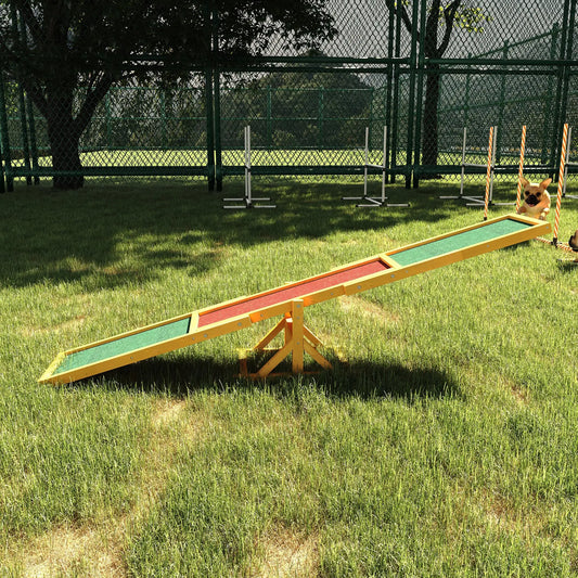 Wood Pet Seesaw Platform, Dog Agility Training Equipment, Weather Resistant Dog Agility Training Equipment Natural Wood Colour, Brown Middle Part, Green Ends at Gallery Canada
