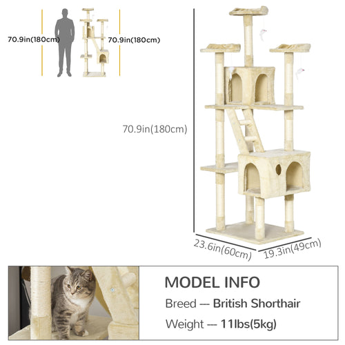 71-Inch Multi Level Scratching Cat Tree Kitty Condo Activity Center with Toys, Beige