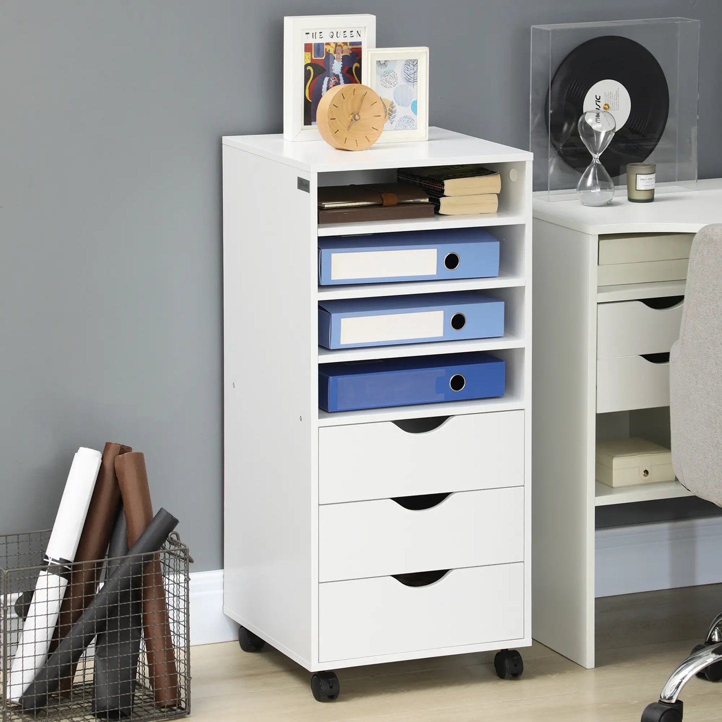 Vertical Filing Cabinet, Mobile 3 Drawers, 4 Shelves, White Office Cabinets & Cupboards at Gallery Canada
