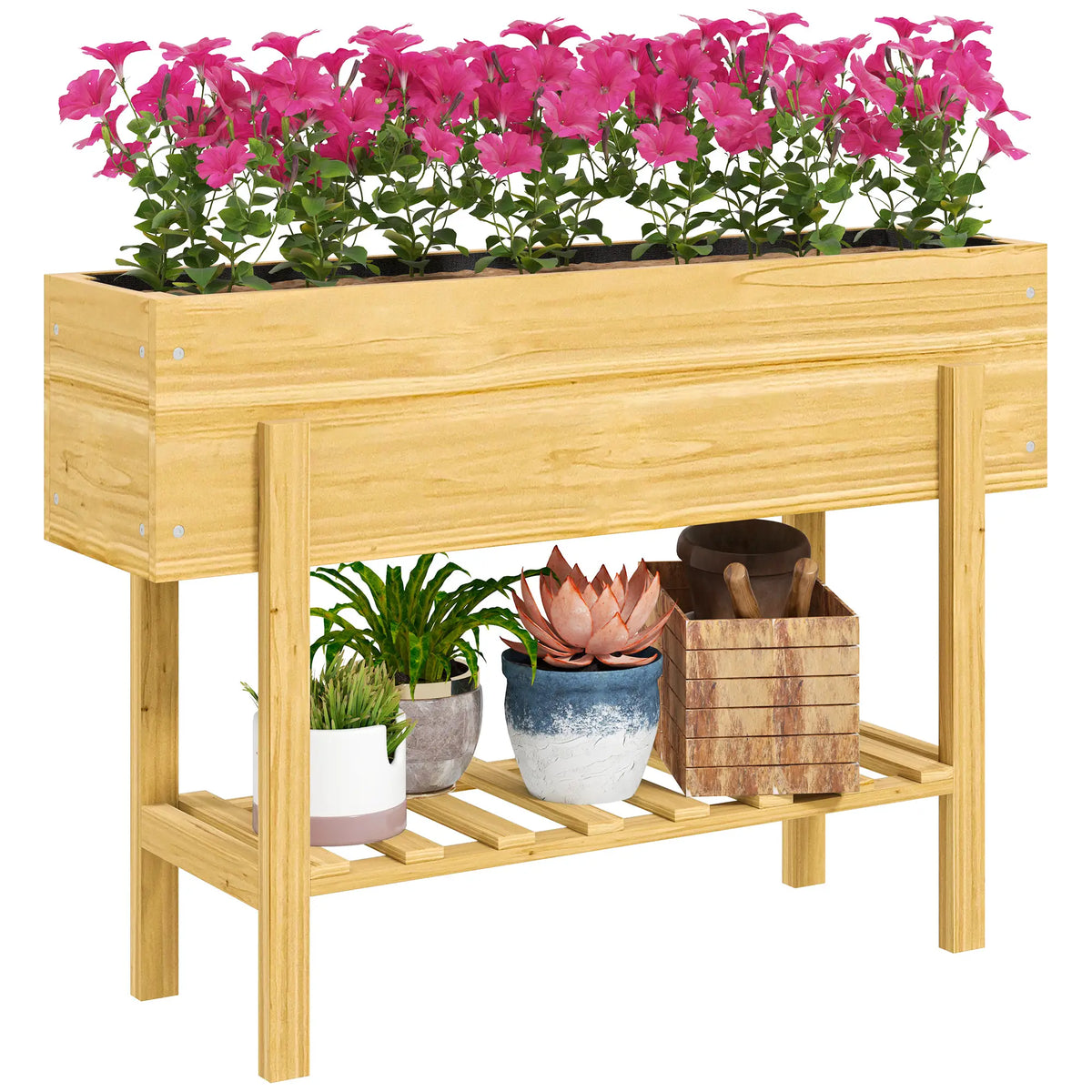 Raised Garden Bed With Legs, Elevated Planter With Storage Shelf, Natural Wood