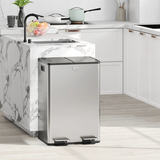 Dual Garbage Bin with Foot Pedal, 2 x 28 Litre, Silver Household Supplies Silver at Gallery Canada