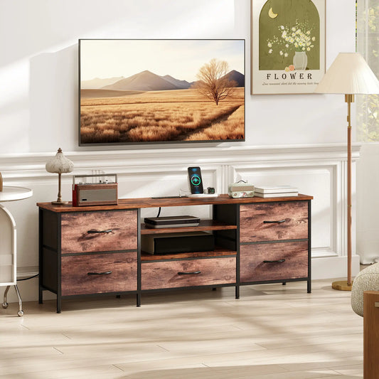 TV Stand For 65 Inch TVs, Industrial Console With Charging Station, 5 Drawers, Rustic Brown TV Stands Rustic Brown, Black at Gallery Canada