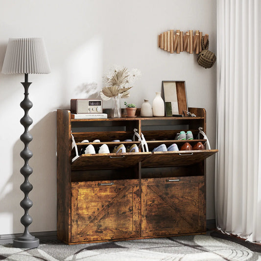 Narrow Shoe Storage Cabinet, 4 Flip Drawers, Adjustable Shelves, 16 Pair, Rustic Brown Shoe Storage Cabinets & Racks Rustic Brown at Gallery Canada