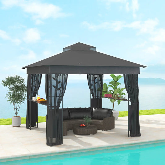 10' x 10' Outdoor Gazebo, UV30+ Double Roof, with Shelves and Netting Gazebos Dark Grey at Gallery Canada