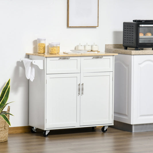 Rolling Kitchen Island with Drawers, Rubber Wood Top, Cabinet, White Kitchen Islands & Kitchen Carts White at Gallery Canada