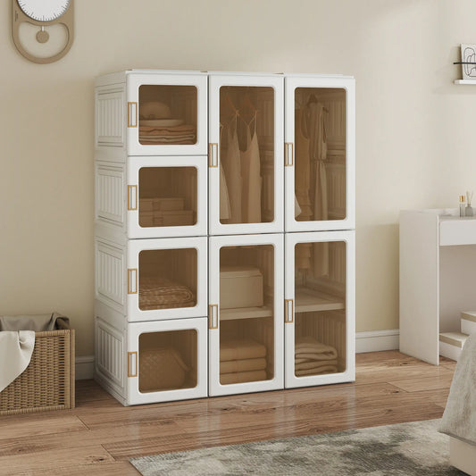 Portable Wardrobe, Foldable Plastic Closet, 8 Compartments, 2 Hanging Rods, Brown Clothing Storage White, Brown at Gallery Canada