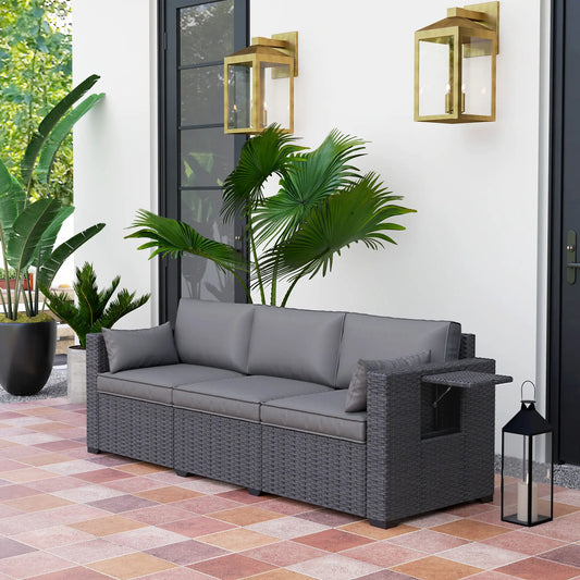 3 Seater Wicker Patio Sofa, 6" Thick Cushions, Deep Seating, Grey Patio Furniture Sets Dark Grey, Grey at Gallery Canada