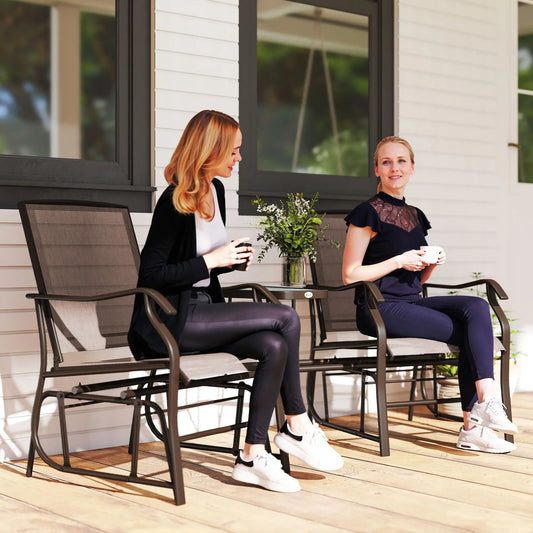 Double Glider Chair, Glass Top Table, High Back, Sling Fabric, Brown Outdoor Gliders Brown at Gallery Canada
