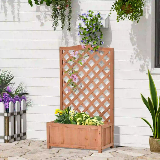 Wood Planter with Trellis, Raised Garden Bed, 28" x 11" x 46", Brown Wooden Planter Boxes Brown at Gallery Canada