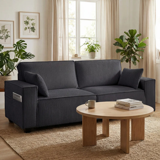 86" 3 Seater Sofa, Modern Corduroy Couch, Dark Grey 3-Seater Sofas Dark Grey at Gallery Canada