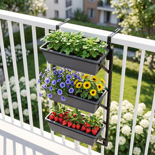 Deck Railing Planter Box 3-Tier, Adjustable Brackets, Black Plant Stands Black at Gallery Canada