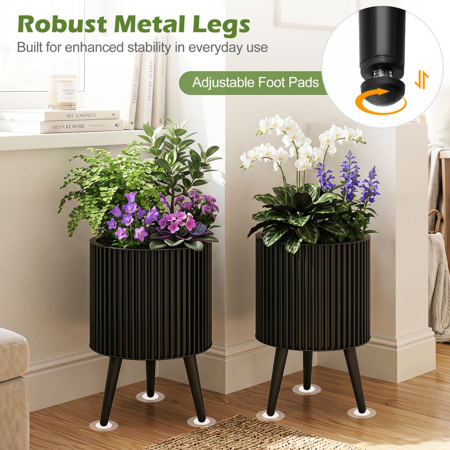 Decorative Flower Pots With Stand, Drainage Holes, Set Of 2