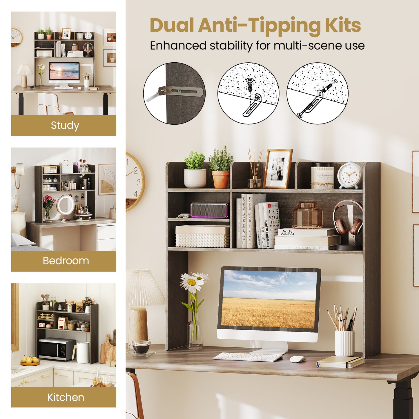 Desktop Bookshelf Countertop Storage Hutch with 6 Shelves, Oak Bookcases at Gallery Canada