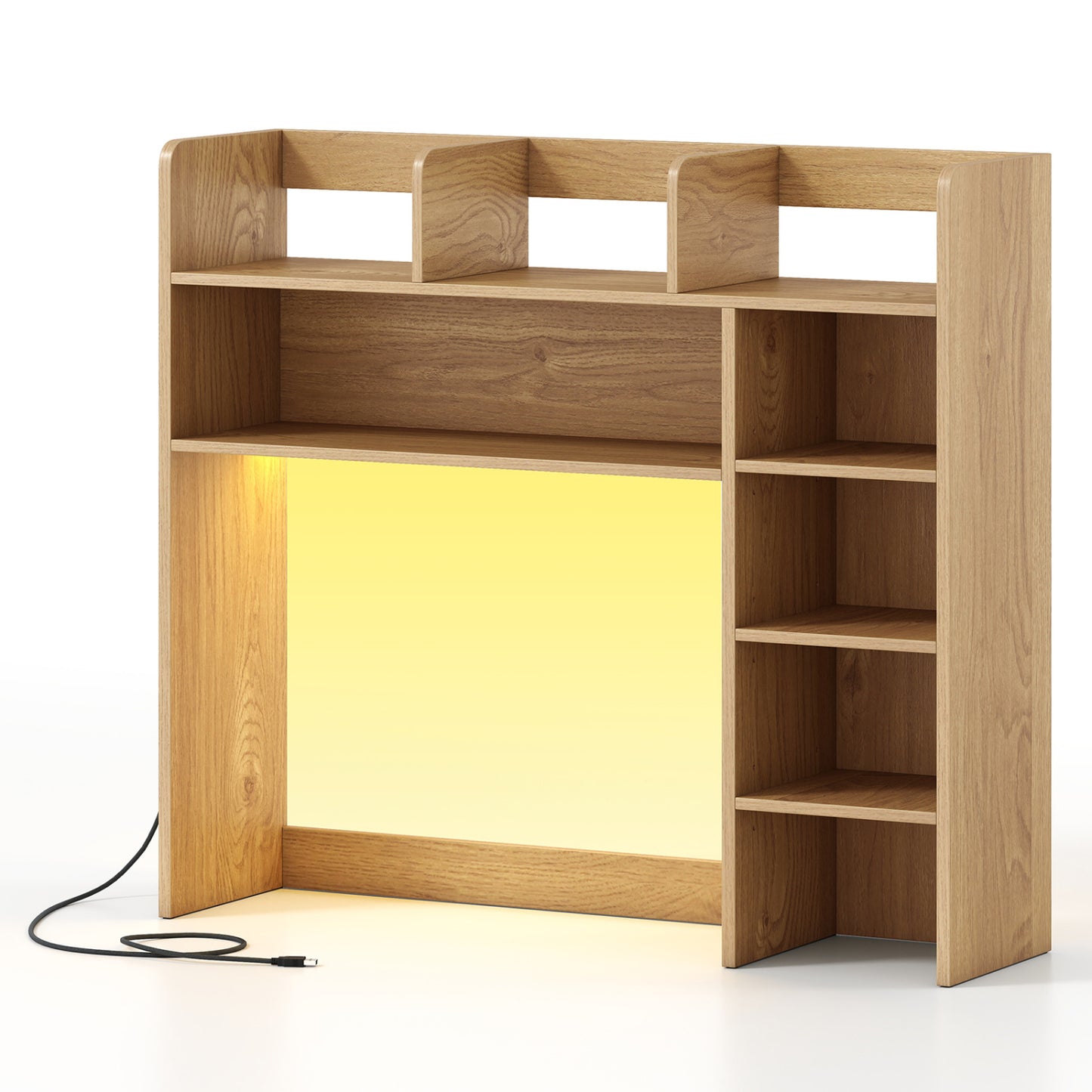 35.5 Inch Desk Hutch Storage Organizer, LED Lights, Natural Bookcases Natural at Gallery Canada