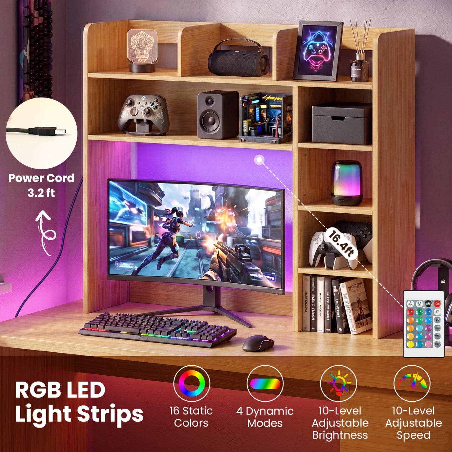 Desk Hutch With LED Lights, 35.5 Inch, Beige Bookcases at Gallery Canada