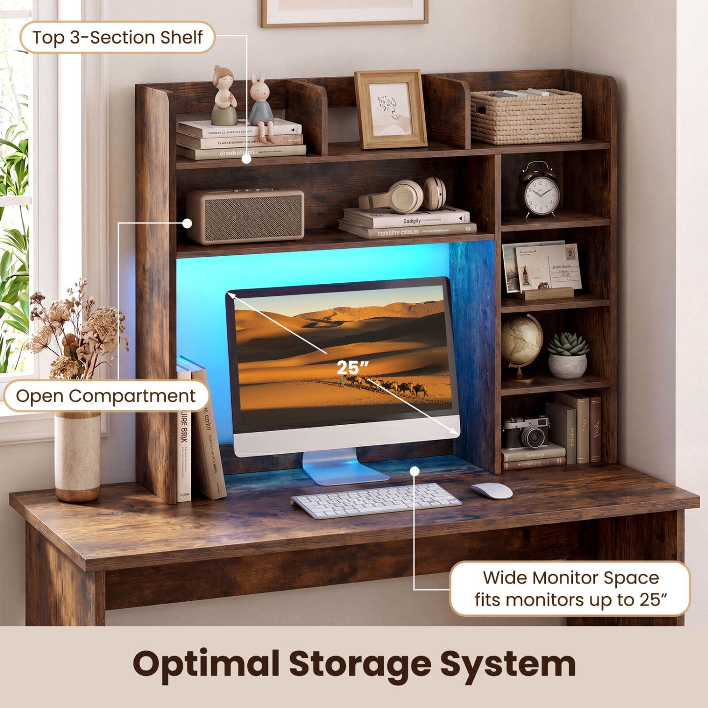 Desktop Bookshelf with LED Lights 35.5 inch Desk Hutch Storage Organizer, Rustic Brown Bookcases at Gallery Canada
