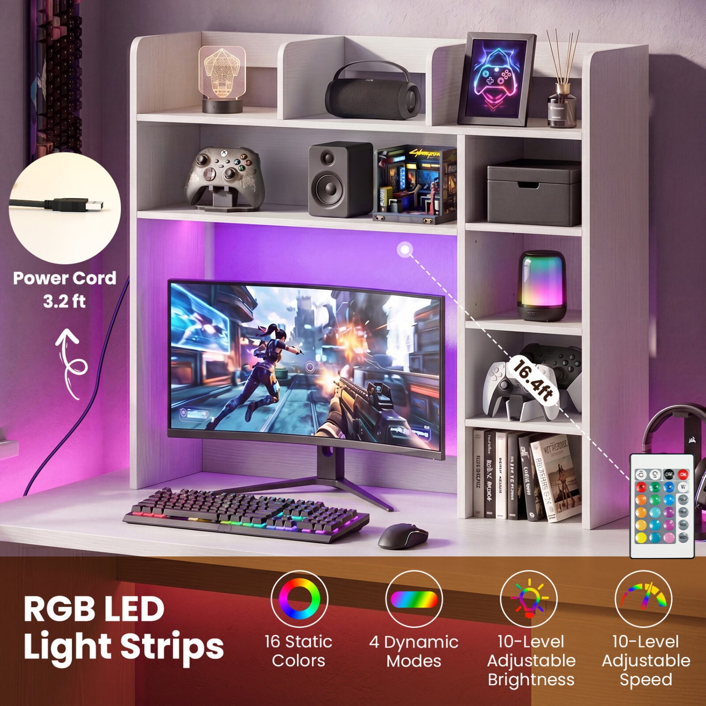 Desktop Bookshelf with LED Lights 35.5 inch Desk Hutch Storage Organizer, White Bookcases at Gallery Canada