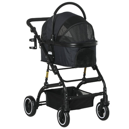 4 Wheels Pet Stroller with Detachable Carrier, Foldable Cat Dog Travel Carriage, 2-In-1 Design Carrying Bag with Universal Wheel Brake Canopy Basket Black at Gallery Canada