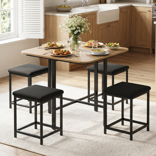 Dining Table Set with 4 Upholstered Stools and Metal Frame, Natural & Black Dining Room Sets Natural & Black at Gallery Canada