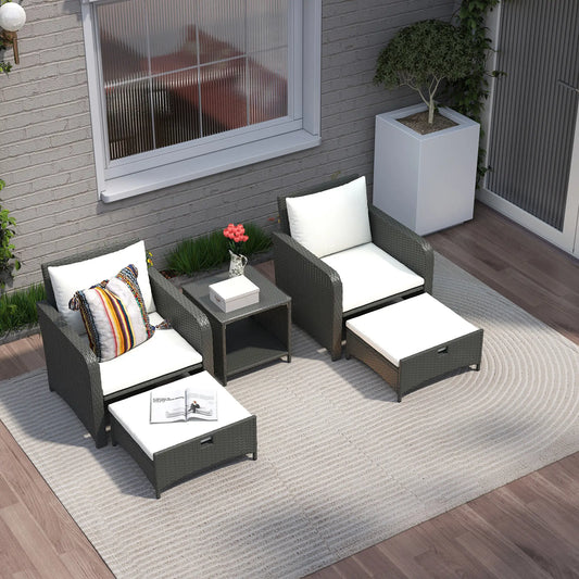 5 Piece Rattan Balcony Set, Wicker Outdoor Furniture, 2-Tier Coffee Table, Ottomans, Cream White, Grey Patio Furniture Sets Grey, Cream White at Gallery Canada