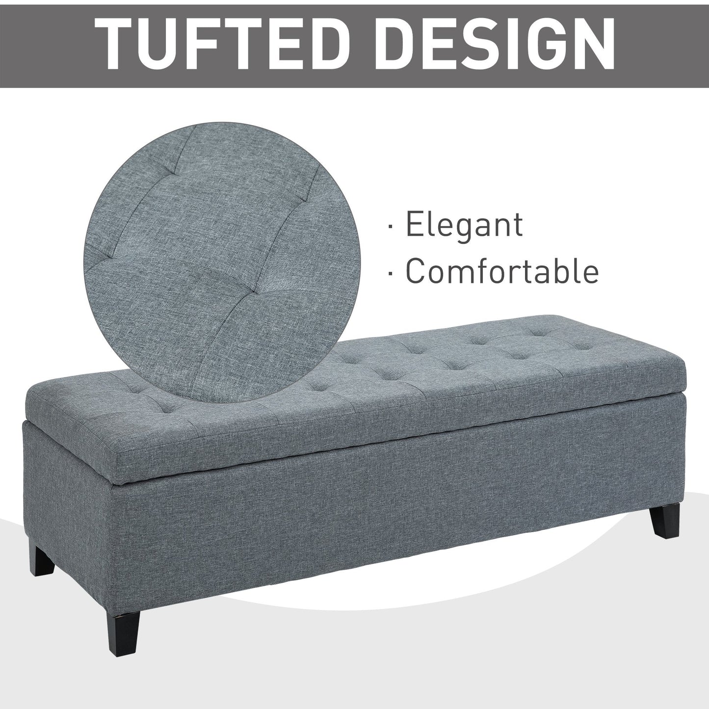 Large 50" Rectangular Storage Ottoman Bench, Tufted Upholstered Linen Fabric Wood Feet Entry Bench, Contemporary Home Decor Grey at Gallery Canada