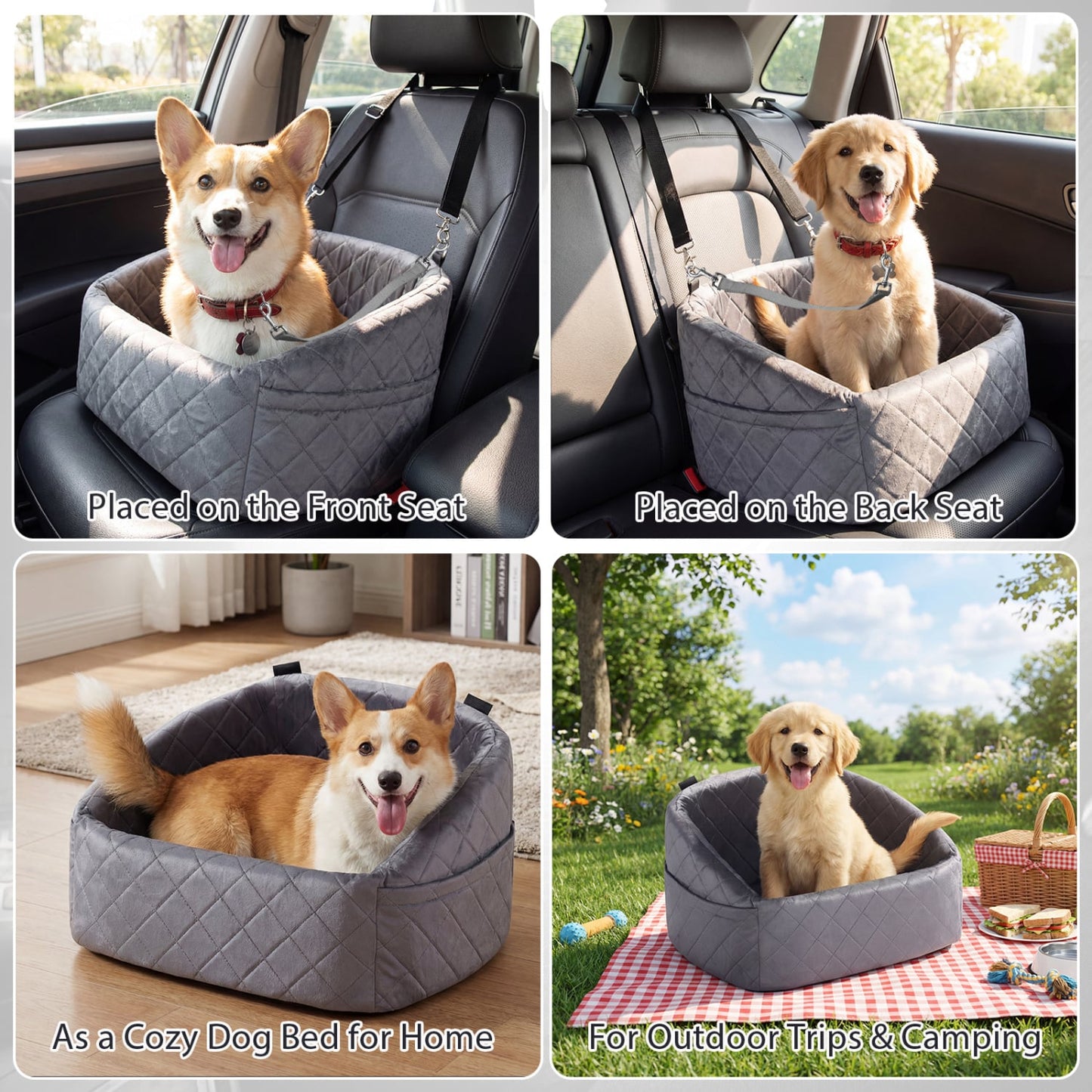 Siège auto pour chien pour petits et moyens animaux avec sangles de sécurité, gris