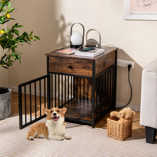 Dog Crate Furniture for Small Dogs Wooden Puppy Kennel with Charging Station, Rustic Brown