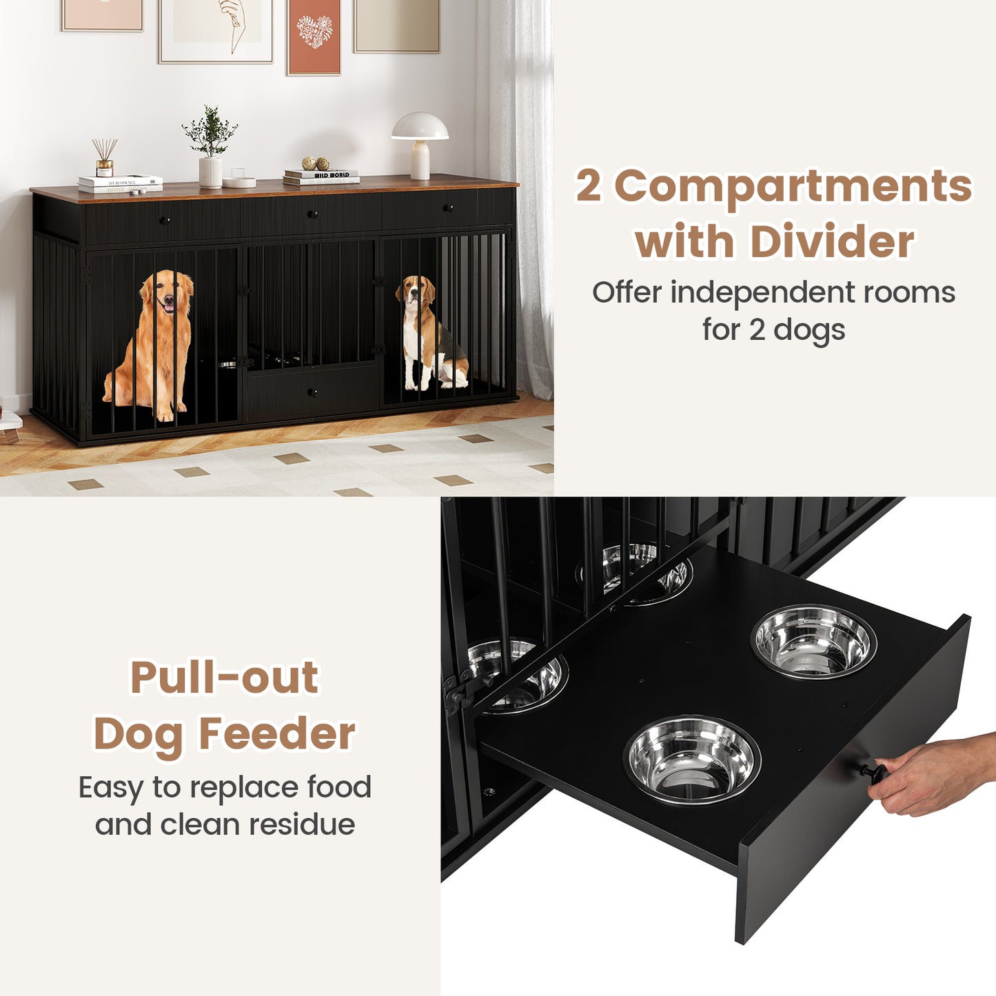 Modern Indoor Dog Crate Furniture, 3 Drawers, Pull-Out Feeder, Black Dog Kennels at Gallery Canada