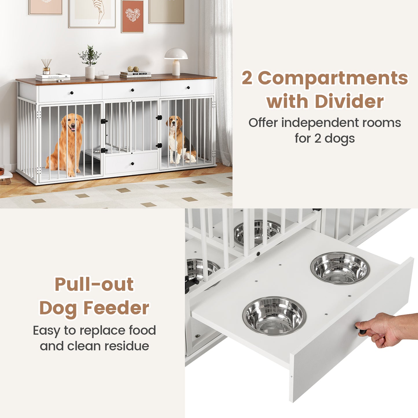 Modern Dog Crate Furniture, 3 Drawers With Pull-Out Feeder, White Dog Kennels at Gallery Canada