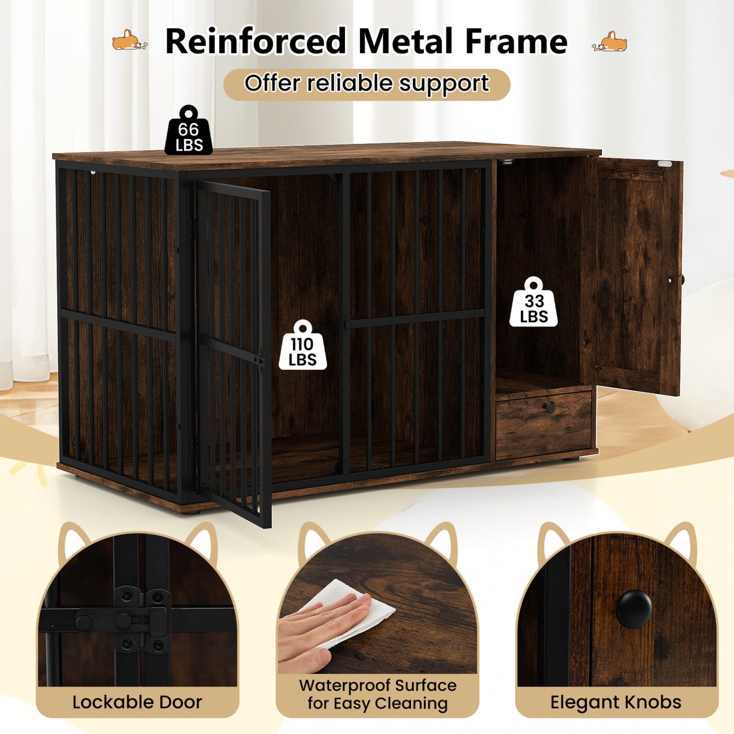 Dog Crate Furniture & Cooling Gel Dog Bed for Small and Medium Dogs, Brown