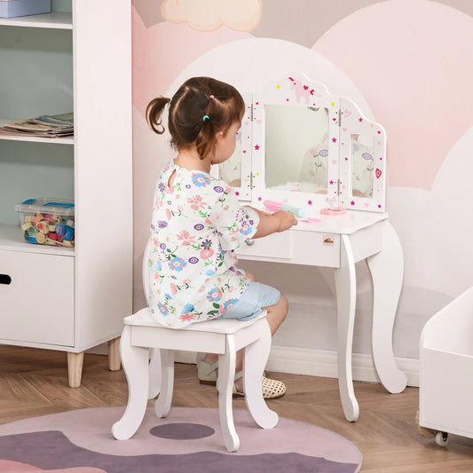Kids Vanity Table and Stool, Makeup Set with Tri-Folding Mirrors, White Kids Bedroom Furniture White at Gallery Canada