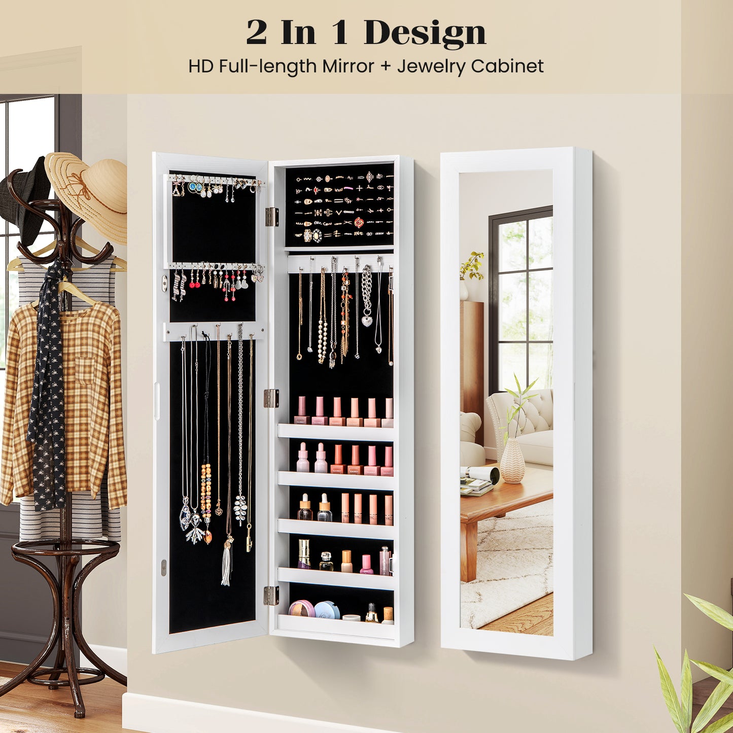 Door Wall Mounted Armoire Jewelry Cabinet, Full Length Mirror, White Jewelry Armoires at Gallery Canada