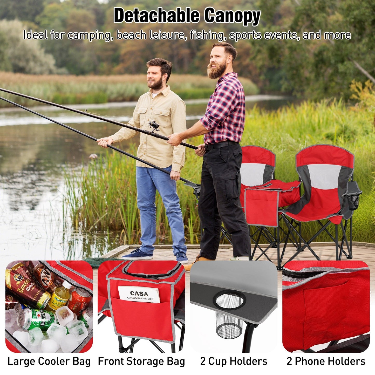 Double Beach Chair with Adjustable Canopy and 3 -Side Shading Curtains, Red Beach & Lawn Chairs at Gallery Canada