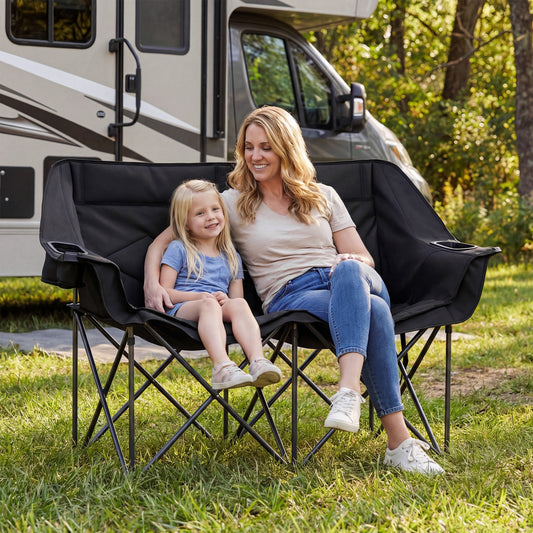 Double Camping Chair With Cup Holders, Mesh Pockets, Black