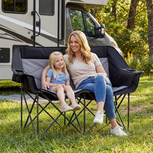 Double Camping Chair With Cup Holders, Mesh Pockets, Dark Gray