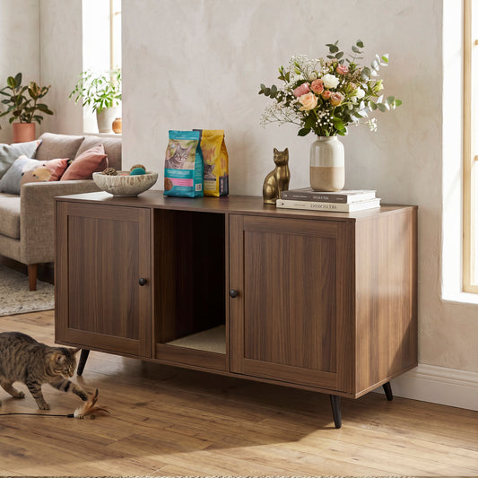 Double Cat Litter Box Enclosure for 2 Cats with Scratching Pad and Double Rooms, Walnut Cat Houses Walnut at Gallery Canada