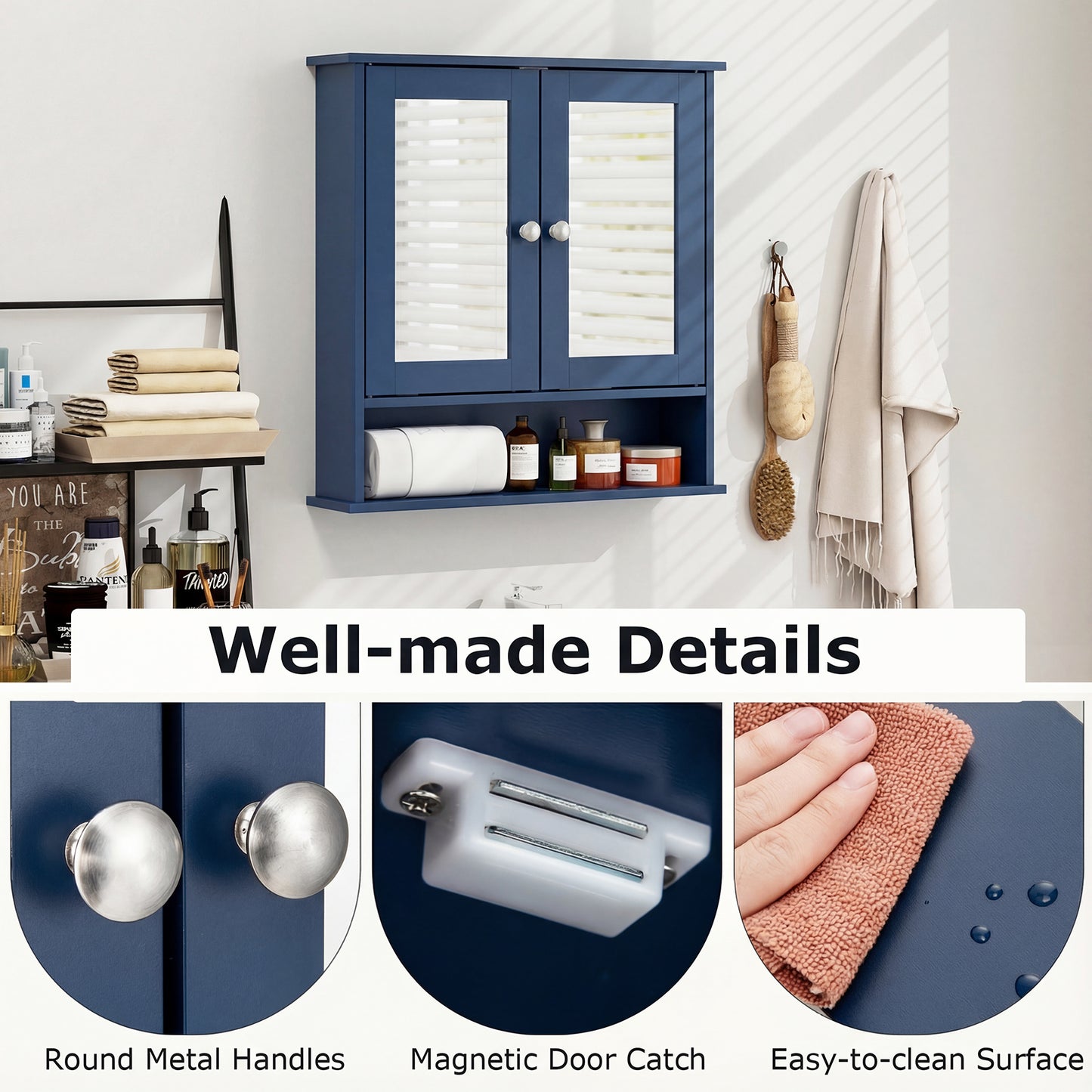 Double Door Wall-Mounted Bathroom Mirror Cabinet with Storage Shelf, Blue Wall Cabinets at Gallery Canada