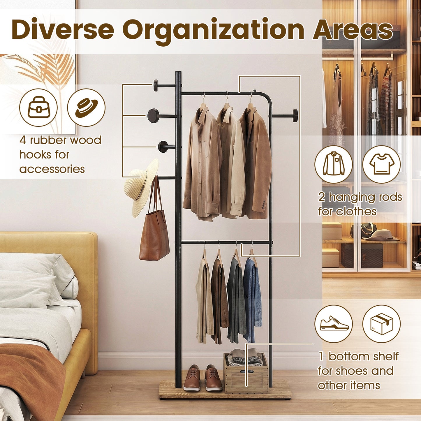 Double Rods Clothes Hanging Rack with Rubber Wood Hooks Coat Racks & Hall Trees at Gallery Canada