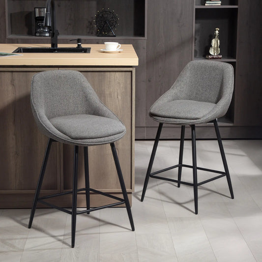 26" Counter Height Barstools Set of 2, Upholstered Swivel Bar Stools with Backrests and Armrests, Dark Grey