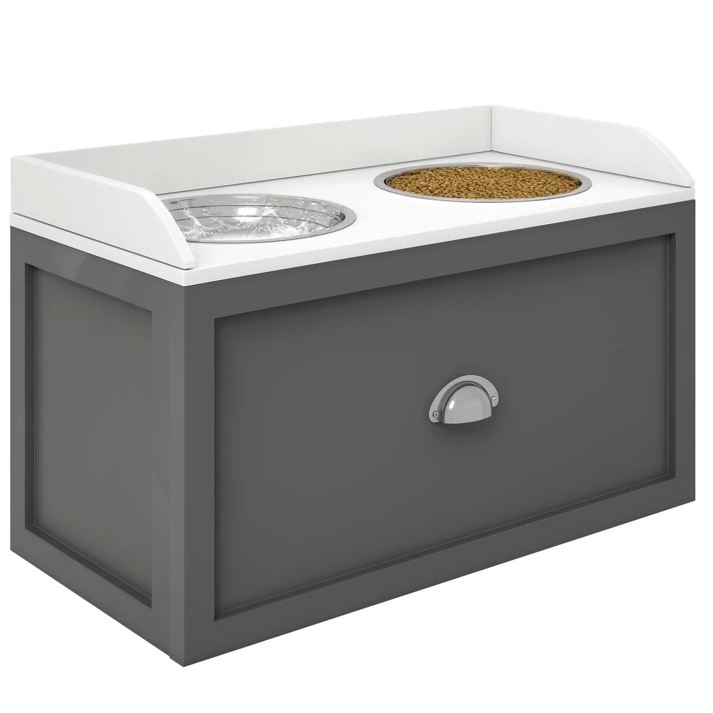 Grandes Gamelles surélevées pour Chien, Tiroir de Rangement, 2 Gamelles en Acier Inoxydable, Gris