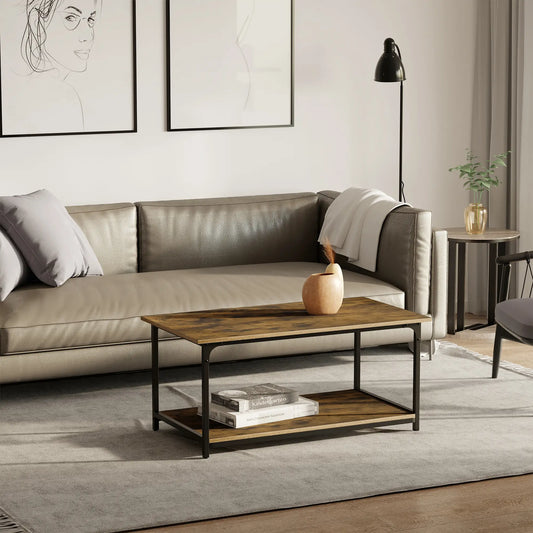 Table Basse Industrielle avec Étagère de Rangement, 2 Niveaux, Brun Rustique