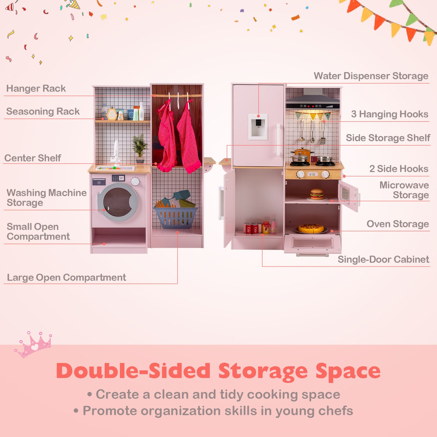 Dual-Sided Kids Play Kitchen with Water Dispenser and Range Hood for 3+ Years Old, Pink Play Kitchen Sets at Gallery Canada