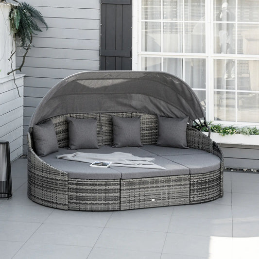 4-Piece PE Wicker Round Daybed, Outdoor Rattan Lounge Set, Grey Daybeds Mixed Grey Rattan, Grey Cushion at Gallery Canada