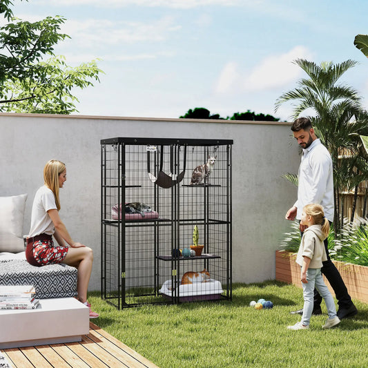 Metal Cat Cage, Waterproof Cover, 4 Platforms, Hammock, 46.5" x 22" x 62", Black Outdoor Cat Enclosures Black at Gallery Canada